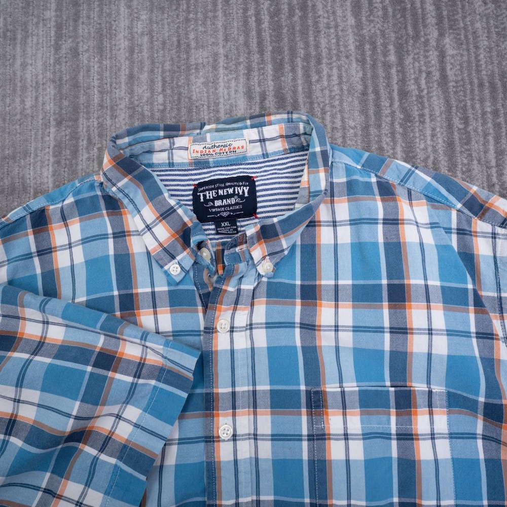 The New Ivy Brand Men XXL Blue Madras Plaid Short Sleeve Button Down Shirt 2XL